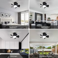 four different views of a kitchen, dining room and living room with the same ceiling fan