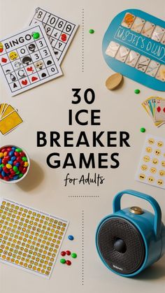 the cover of 30 ice breaker games for adults, including candy and candies