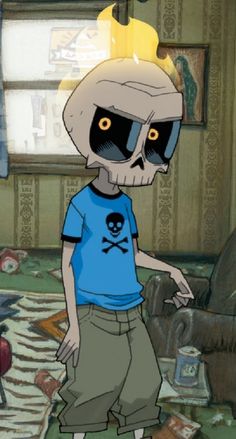 a cartoon character standing in a living room with a skull on his head and yellow eyes