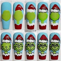 O Grinch, Xmas Nail Designs, Christmas Nail Art Easy, Santa Nails, Xmas Nail Art, Nail Drawing, Nail Designs Tutorial, Diy Acrylic Nails