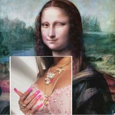 an image of a woman with long hair and pink nail polish on her nails, in front of a painting