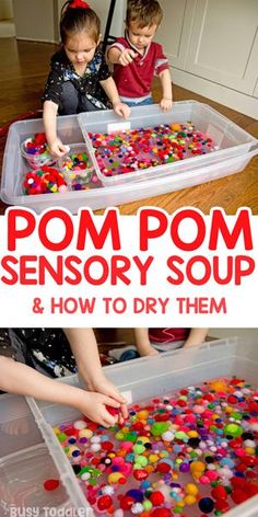 two children playing with pom pom sensory soup and how to dry them