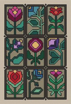 a cross stitch pattern with flowers and leaves on the side, as well as four squares