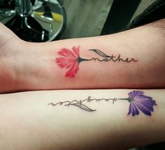 two matching tattoos with the words mother and son written on them, one has a flower in it