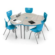 a round table with chairs around it and a laptop on the other side, in front of a white background