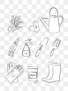 various gardening items are shown in this black and white drawing, including gloves, garden tools,