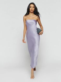 Fancy. Shop the Joana Silk Dress from Reformation, is a strapless, silk dress. It gives you a little shape without sacrificing comfort. Purple Silk Dress, Strapless Silk Dress, Lavender Dresses, Reformation Dress, Silky Dress, Reformation Dresses, Lilac Dress, Silk Midi Dress, Purple Silk