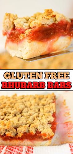 gluten free rhubarb bars on a plate with the words gluten free