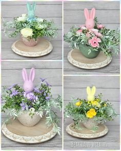 four photos of flowers and fake bunny ears in a flower pot with greenery on top