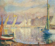 a painting of sail boats in the water