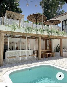 a pool with some chairs and umbrellas next to an open air swimming pool area