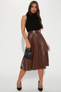 Available In Black And Brown. Midi Skirt Faux Leather High Waist Side Hidden Zipper Pleated Disclaimer: To Keep The Aesthetic Of This Garment, Please Follow The Care Instructions Carefully. Facing: 100% Polyurethane Backing: 100% Polyester Imported California Proposition 65 WARNING: Cancer and Reproductive Harm - www.P65Warnings.ca.gov. | Stating Facts Midi Skirt in Brown size Small by Fashion Nova Brown Leather Midi Skirt Outfit, Long Brown Leather Skirt Outfit, Dark Brown Skirt Outfit, Tan Skirt Outfit, Plaid Skirt Outfit Fall, Pleated Leather Skirt Outfit, Midi Skirt With Boots, Formal Skirt And Top, Brown Leather Skirt Outfit