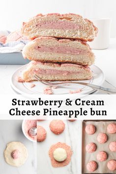 strawberry and cream cheese pineapple buns are stacked up on top of each other