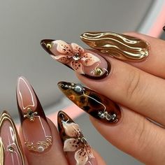 Amy | Gel X Educator & Mentor 🇨🇦 on Instagram: "Ready for all the fall sets 🤎🔱✨⚜️  Inspo from @nailedxamyy   #brownnails #gelxnails #fallnails #floralnails #autumnnails  #leopardnails  #gelnailsdesign #3Dnails #pinterestnails #trendynails #nails2inspire  #nailinspo" Fairy Gel X Nails, Fall Nail Set Ideas, Fall Nails 3d Art, Lilly Nails Designs, 3d Nails Fall, Fall Ideas For Nails, Flower Fall Nails, Nail Designs Trending Now 2024, Anniversary Nails Ideas With Initial