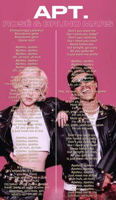 two people standing next to each other in front of a pink background with words on it