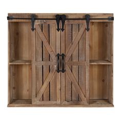 an old wooden shelf with two doors and hooks on the top, against a white background