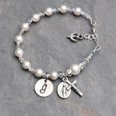 Confirmation Gift for Girls - Personalized Catholic Rosary Bracelet - Sparkly Clear Crystal, Swarovski Pearl - Sterling Hand Stamped Initial by RosariesOfLove on Etsy Silver Crystal Bracelet For Birthday And Mother's Day, Personalized Silver Crystal Bracelet For Mother's Day, Adjustable Silver Crystal Bracelet For Birthday, Personalized Silver Crystal Bracelet, Adjustable, Silver Crystal Bracelet For Mother's Day, Pearl Crystal Bracelet With Pearl Charm As Gift, Mother's Day Silver Crystal Bracelet, Personalized Silver Crystal Bracelet For Gift, Silver Beaded Bracelets With Pearl Charm As Gift