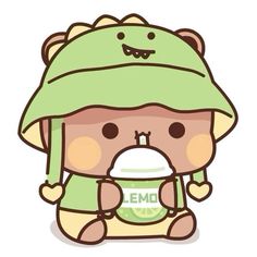 an emo bear wearing a green hat and holding a cup with lemonade on it