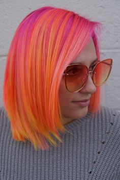 Bright Hair Colors Short Shoulder Length, Pink And Orange Hair Short, Sunset Hair Color Short, 2023 Haircolor, Hair Roulette, Sunset Hair Color, Neon Hair Color, Pink And Orange Hair, Flame Hair