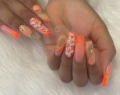 Orange Nails With 3d Flowers, Yellow 3d Flower Nails, Rainbow Nail, Acrylic Toes, Acrylic Toe Nails, Colorful Nails, Short Nail, Rainbow Nails