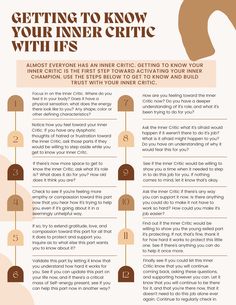 Use this guide to get to know your Inner Critic using IFS parts work. Almost everyone has an Inner Critic- getting to know your Inner Critic and building a trusting relationship with this part is the way to help it, and is a stepping stone toward activating your Inner Champion! Psychology Tools, Counseling Worksheets, Happy Woman, Writing Therapy