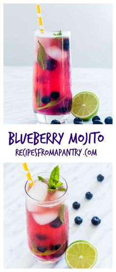 blueberry mojito with lime and mint on the side, served in a tall glass