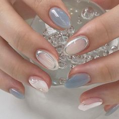 Gray Korean Nails, Easy Korean Nails, Korean Nails Short Jelly, Nail Gem Art, Milky White Nails Design Ideas, Gel Designs On Natural Nails, Korean Natural Nails, Xs Nails Designs Short, Apres Nails Design