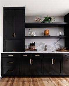 a kitchen with black cabinets and white counter tops is pictured in this image, there are plants on the shelves above the sink