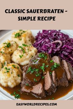 a white plate topped with meat and potatoes covered in gravy next to red cabbage