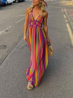 Rainbow Stripe Print V-Neck Maxi Dress Holiday Maxi Dress, Elegante Casual, Sleeves Clothing, Weave Style, Striped Maxi, Loose Outfit, Striped Fabrics, Mongolia, Bohemian Dress