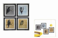 four framed pictures hang on the wall next to a banana and some other art work