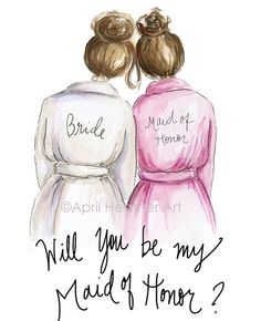 two women in pink dresses are facing each other with the words, will you be my matron of honor?