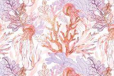 an abstract watercolor painting of corals and seaweed on a white background with pink accents