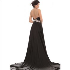 Silk Gown With Long Train And Embellished Waistline. Worn Once, In Great Condition Jonathan Kayne Gowns, Pre-draped Sleeveless Silk Gown, Pre-draped Silk Chiffon Evening Gown, Pre-draped Black Draped Evening Dress, Black V-neck Evening Nightgown, Johnathan Kayne, Long Train, Silk Gown, Beautiful Gowns