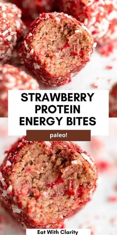 strawberry protein energy bites with text overlay