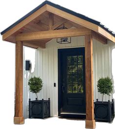 a black front door with two potted plants