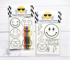 two happy birthday coloring pages and markers on a white background with the words happy dude