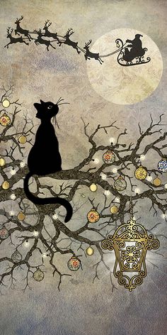 a black cat sitting on top of a tree next to a moon and sleigh