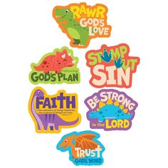 Transform a VBS team space or study room into a rawr-some area with these cutouts! Each piece features dinosaur-themed images and a faith message, including "Trust in God's Word", "Rawr for God's Love", "Stomp Out Sin", "Be Strong in the Lord" and more. Grab this set for the next Dinosaur VBS week or themed church festival. Cardstock. (6 pcs. per set) 18" - 20 1/2" x 13" - 16" © OTC Vbs Dinosaur Theme, Dinosaur Vbs Decorations, Dino Vbs, Vbs Themes Ideas, Dinosaur Vbs, Dino Craft, Dinosaur Classroom, Be Strong In The Lord, Team Space