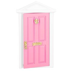 a pink door with white trim and gold hardware on the top, against a white background