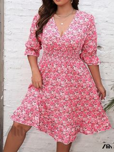 Zlily - Womens Plus Size Sophisticated Dress: Retro Floral Print Half Sleeve Shirred V Neck Dress for the Fashion-Forward Pink Non-stretch V-neck Midi Dress, Non-stretch Pink Floral Print Midi Dress, Spring Floral V-neck Dress Lined, Floral Printing, Dress Retro, Sophisticated Dress, Long Sleeve Maxi, Retro Floral, Rose Print