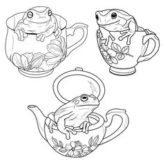 three teapots with frog designs on them