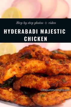 close-up of hyderabadi chicken majestic served with onion slices and lemon wedge. Chicken Majestic Recipe, Chicken Pakistani Recipe, Chicken Starters Recipes, Matan Recipe, Christmas Dainties, Chicken Majestic, Caramel Chicken, Hyderabadi Chicken, Quick Recipe Videos