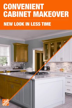 a kitchen with white cabinets and an orange line in the middle that says convenient cabinet makeover new look in less time