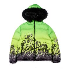 Puffer Jacket With Fur Hood In Neon Yellow Elevate your outerwear game and stay warm in our latest puffer jacket. Crafted from premium quality nylon, this puffer features a plush fur-lined hood that adds an extra layer of insulation while exuding a touch of luxury. With a vibrant green gradient body and graffiti detailing, this jacket is the perfect blend of fashion and function that will keep you on-trend and protected against the elements this winter.- Nylon- Fur-lined hood - 2 zipper pockets Nylon Puffer Jacket For Streetwear, Trendy Puffer Hooded Jacket, Trendy Hooded Down Puffer Jacket, Trendy Hooded Parka For Streetwear, Urban Style Parka With Padded Collar For Streetwear, Trendy Streetwear Parka With Double-lined Hood, Urban Style Parka With Padded Collar, Urban Streetwear Parka With Padded Collar, Urban Parka With Padded Collar For Streetwear