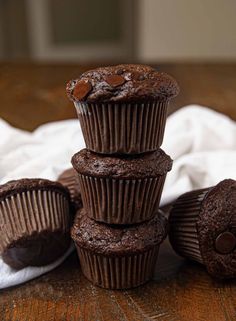 chocolate muffins stacked on top of each other