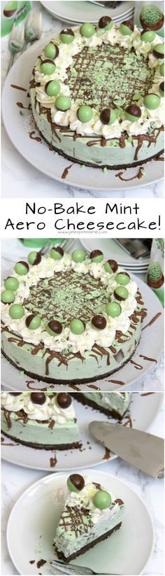 there are two pictures of a cake with green and white toppings on the top