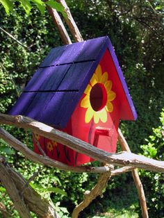 a colorful bird house sitting on top of a tree branch