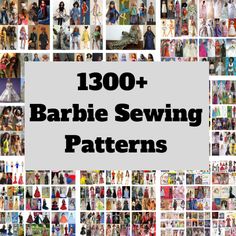 the words barbie sewing patterns are shown in black and white, with images of barbie dolls