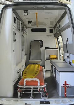 the inside of an ambulance with medical equipment in it